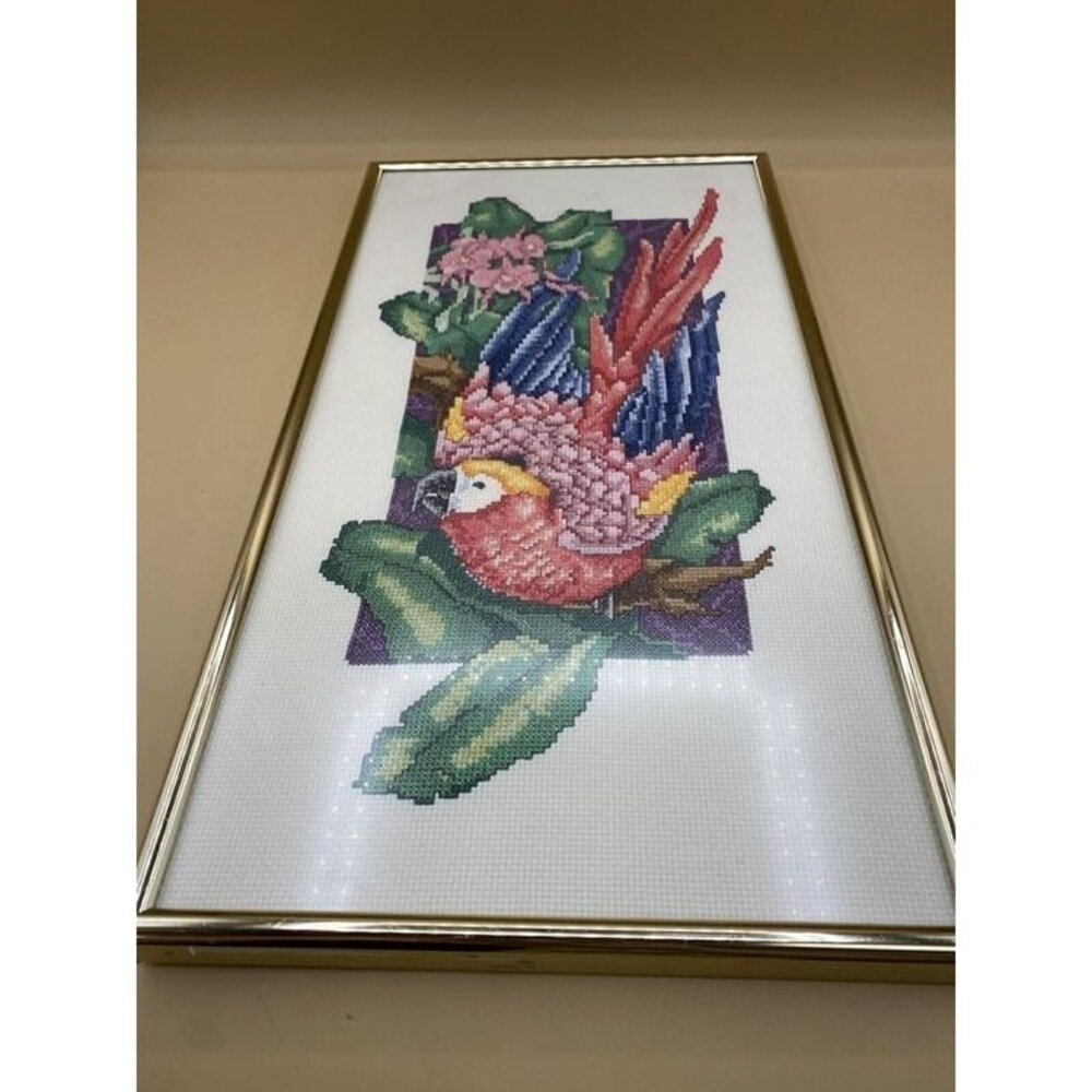 Vintage Tropical Macaw Parrot Needlepoint Tapestry 17 “ X 9.25” Framed - Picture 5 of 8